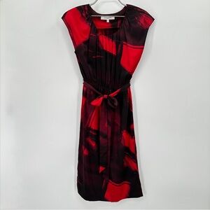 L.K. Bennett London Red 100% Silk Satin Cap Sleeve Dress with Belt size US 2 UK6